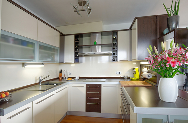 Western type PVC modular kitchen white and brown finish at bengaluru