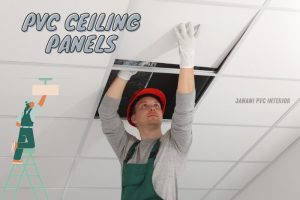 Professional installer fitting durable PVC ceiling panels with precision, part of Janani PVC Interior's expert services for modernizing Bengaluru homes and offices