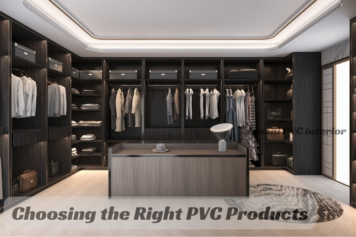 Janani PVC Interior's luxurious PVC walk-in closet design in Bengaluru, displaying a chic array of clothing storage options and a central island for an organized, fashionable space.