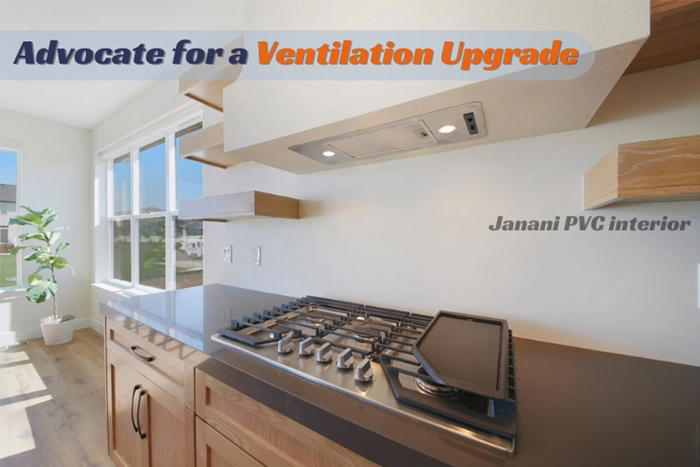 Spacious Bengaluru kitchen designed by Janani PVC Interior, featuring a state-of-the-art ventilation system to maintain a clean and smoke-free cooking area