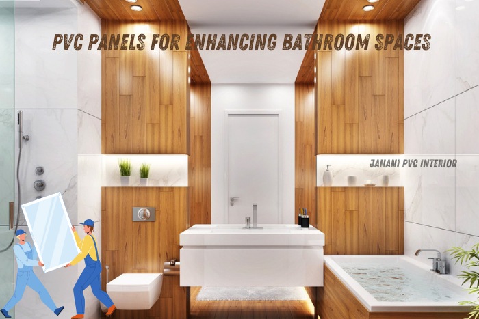 Luxurious Bengaluru bathroom enhanced with warm wood-grain PVC panels by Janani PVC Interior, offering a blend of elegance and durability for modern homes