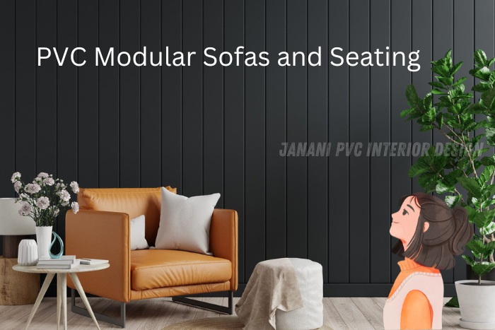 Chic and modern PVC modular sofa display in Bengaluru by Janani PVC Interior Design, featuring a stylish living space with sleek black PVC paneling and elegant seating solutions.