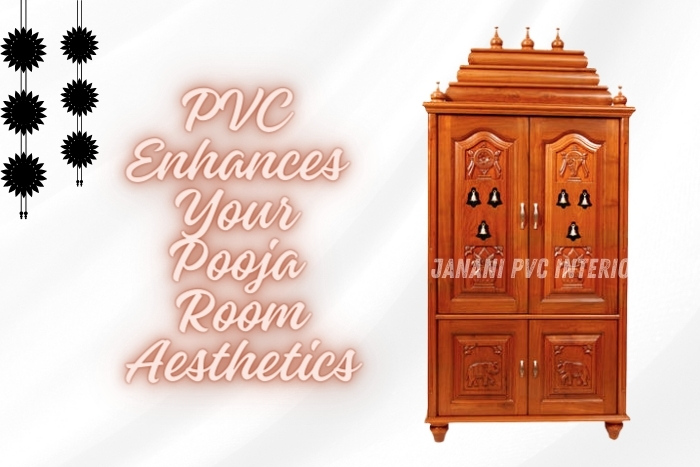 Elegant traditional-style PVC pooja room cabinet by Janani PVC Interior Design in Bengaluru, featuring detailed carvings and rich wooden finish, demonstrating the aesthetic appeal of PVC in spiritual spaces