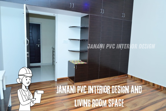 Modern living room with customized PVC cabinetry and shelves by Janani PVC Interior Design in Bengaluru, showcasing efficient storage solutions and sleek design to enhance contemporary home interiors.