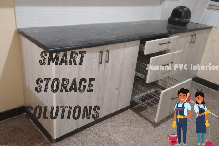 Smart storage solutions by Janani PVC Interiors in Bengaluru, featuring a practical PVC cabinet with integrated drawers and shelves, ideal for maximizing space in Bengaluru households