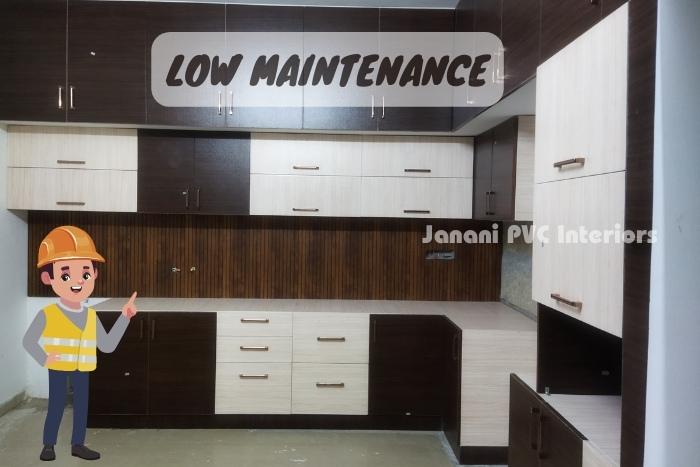 Low maintenance PVC kitchen cabinetry by Janani PVC Interiors in Bengaluru, featuring stylish, durable designs with wood and white finishes, perfect for modern and easy-to-maintain kitchens in Bengaluru homes