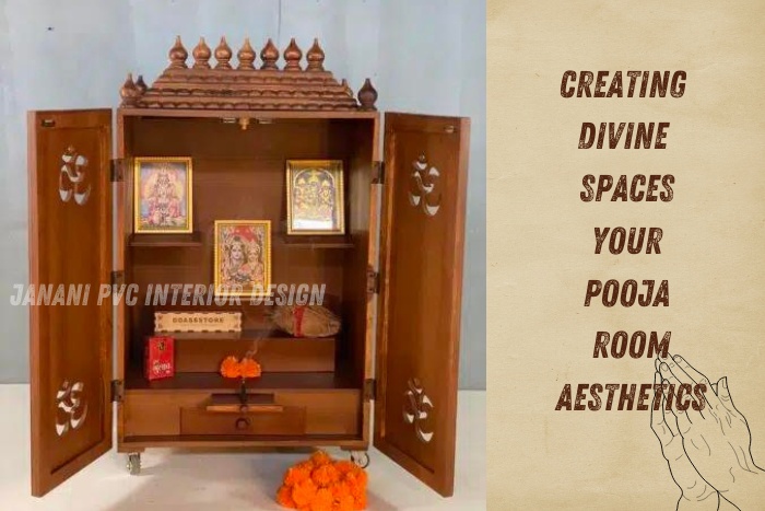 Exquisitely designed PVC pooja room cabinet by Janani PVC Interior Design, Bengaluru, featuring traditional motifs and architecture, enhancing the aesthetics of sacred spaces in homes.