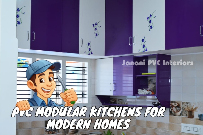 Stylish purple PVC modular kitchen designed by Janani PVC Interiors in Bengaluru, ideal for modern homes looking for a bold and efficient kitchen layout in Bengaluru