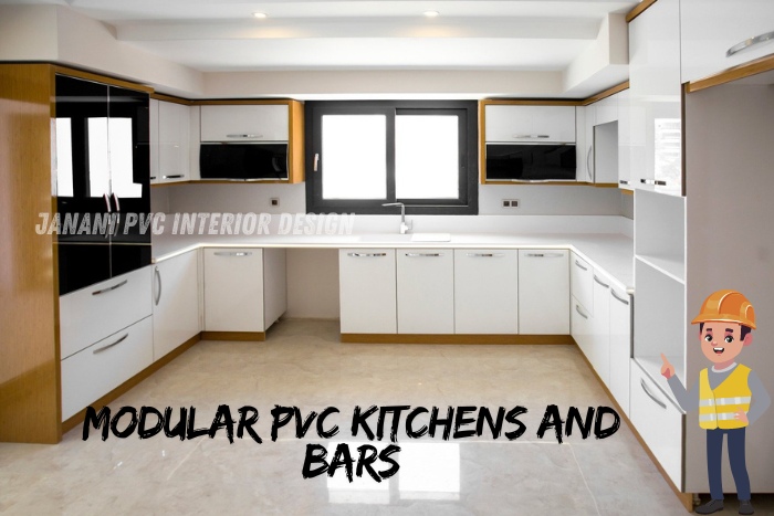 Elegant modular PVC kitchen and bar installation in Bengaluru by Janani PVC Interior Design, featuring modern white cabinetry and sleek design with professional oversight from a construction specialist.