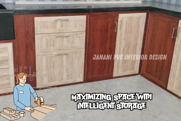 Modern PVC kitchen cabinets designed by Janani PVC Interior Design in Bengaluru, featuring intelligent storage solutions that maximize space and enhance functionality with stylish two-tone finishes