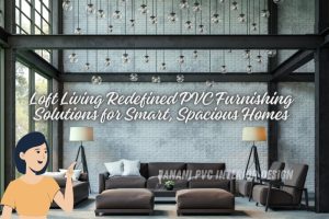 Stylish loft living room in Bengaluru featuring PVC furnishings by Janani PVC Interior Design, with modern leather sofas, a minimalist decor, and a brick wall enhanced by contemporary lighting