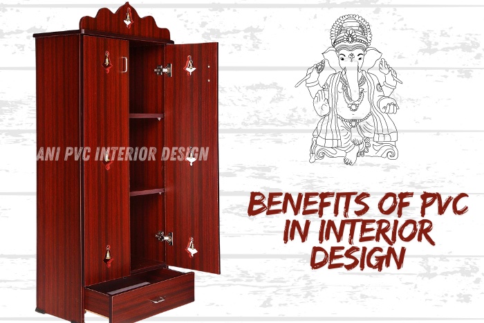 Traditional PVC pooja unit crafted by Janani PVC Interior Design in Bengaluru, showcasing the benefits of using PVC in interior design with elegant red wood finish and culturally inspired embellishments.