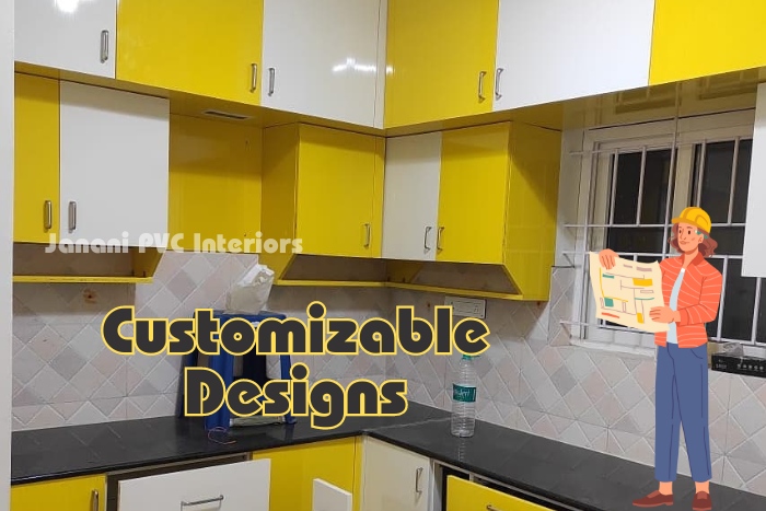 Vibrant yellow PVC kitchen cabinets by Janani PVC Interiors in Bengaluru, showcasing customizable design options with ample storage for efficient kitchen setups in modern Bengaluru homes