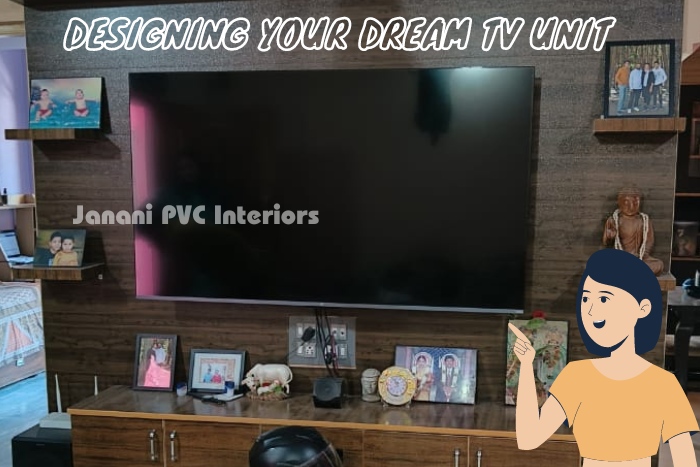 Janani PVC Interiors designs a dream TV unit in Bengaluru, featuring a large screen surrounded by rich wood-textured cabinets and personal decor, ideal for family rooms in Bengaluru homes