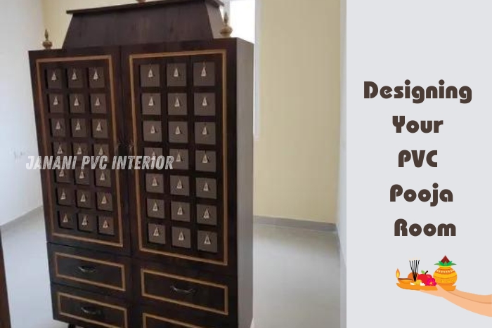 Designing your PVC pooja room with Janani PVC Interior Design in Bengaluru, showcasing a beautifully crafted and detailed PVC pooja cabinet that enhances the sacred ambiance of your home