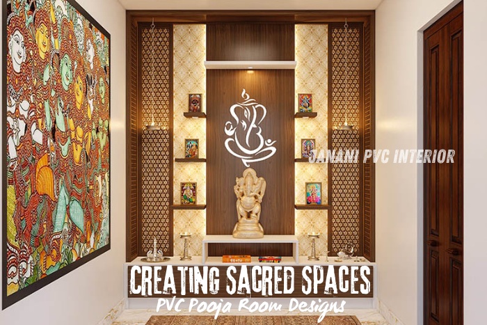 Creating sacred spaces with elegant PVC pooja room designs by Janani PVC Interior Design in Bengaluru, featuring intricate detailing and modern finishes to enhance the spiritual ambiance of your home