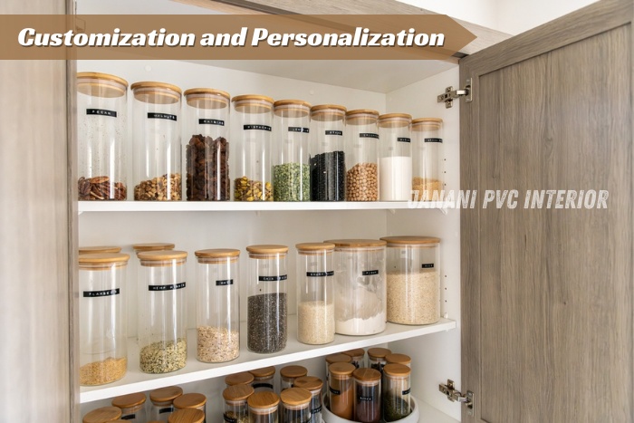 Customization and personalization of PVC kitchen cabinets by Janani PVC Interior Design in Bengaluru, featuring neatly organized storage solutions that enhance both the functionality and aesthetic appeal of modern kitchens