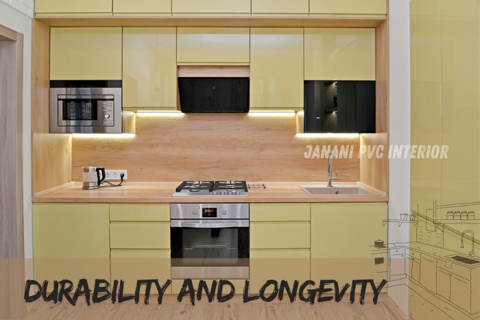 Durable and long-lasting PVC kitchen cabinets designed by Janani PVC Interior Design in Bengaluru, featuring sleek and modern storage solutions that enhance both functionality and style in contemporary kitchens