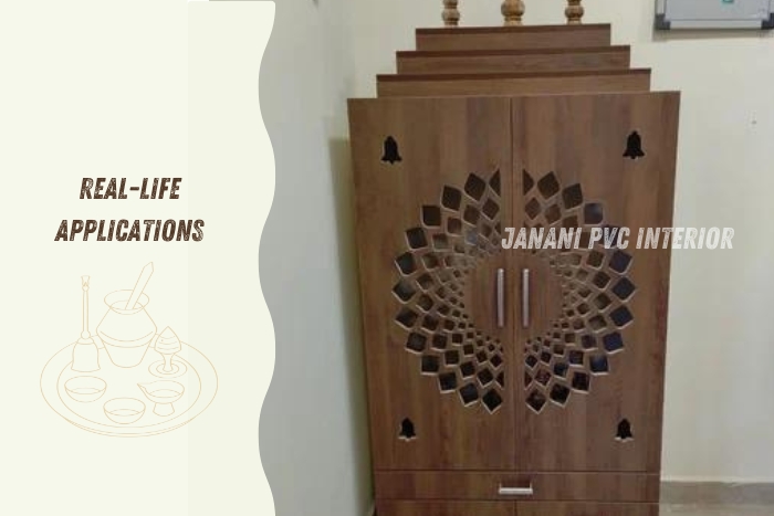 Real-life applications of PVC pooja rooms by Janani PVC Interior Design in Bengaluru, featuring intricately designed PVC pooja cabinets that enhance the sacred and serene ambiance of your home