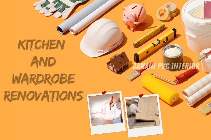 Kitchen and wardrobe renovations by Janani PVC Interior Design in Bengaluru, featuring high-quality materials, professional tools, and expert craftsmanship to enhance the functionality and style of modern home interiors.