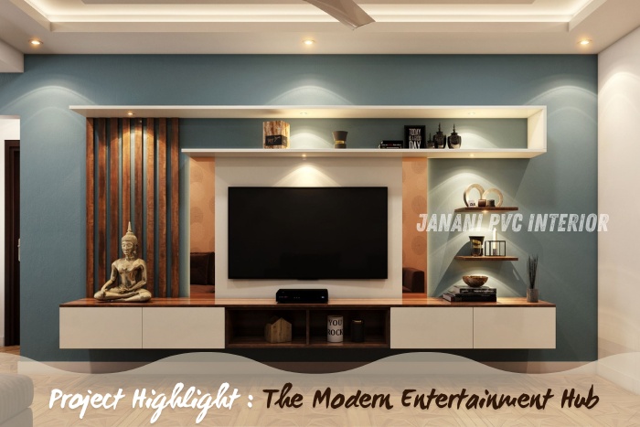 Project Highlight: The Modern Entertainment Hub designed by Janani PVC Interior Design in Bengaluru, featuring a sleek and elegant PVC TV unit that enhances the style and functionality of your living room