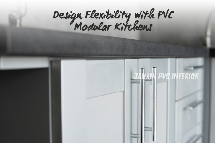 Close-up of a sleek PVC modular kitchen cabinet by Janani PVC Interior Design in Bengaluru, showcasing the design flexibility and modern aesthetic of PVC materials. Perfect for customizing functional and stylish kitchen spaces