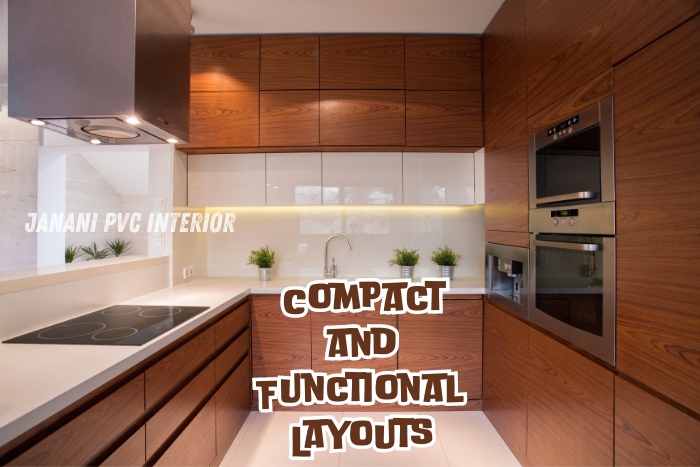 Compact and functional PVC kitchen layout by Janani PVC Interior Design in Bengaluru, featuring stylish, space-saving cabinets and modern appliances for efficient urban living.