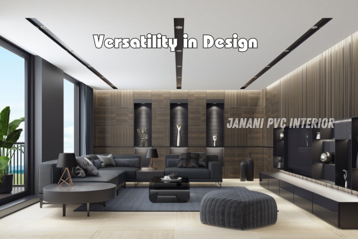 Contemporary living room with versatile PVC design by Janani PVC Interior Design in Bengaluru. Features sleek black and wood accents, integrated lighting, and stylish furniture arrangement, showcasing the adaptability and elegance of PVC interiors