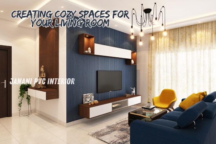 Inviting living room designed by Janani PVC Interior Design in Bengaluru, featuring cozy PVC furniture, stylish blue and wood accent wall, modern TV unit, and warm lighting. Perfect for creating comfortable and elegant living spaces