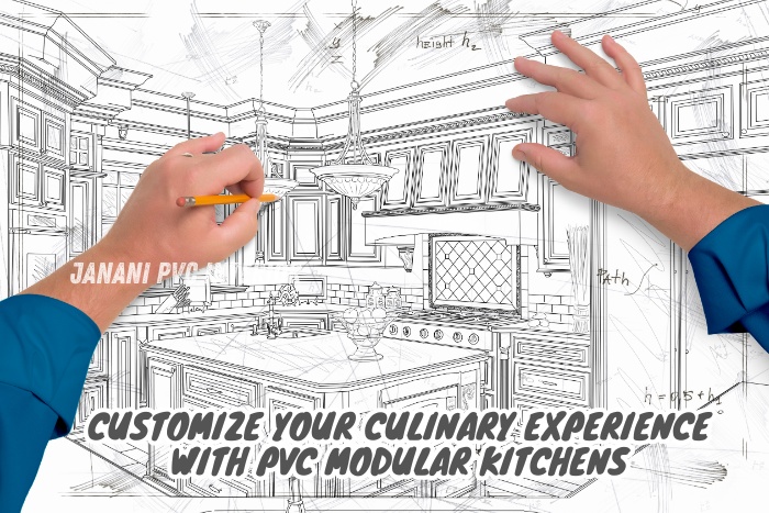 Customizing Your Culinary Experience with PVC Modular Kitchens by Janani PVC Interior Design in Bengaluru. Design plans for a modern kitchen drawn on paper, highlighting the possibilities and versatility of PVC kitchen cabinetry and layout