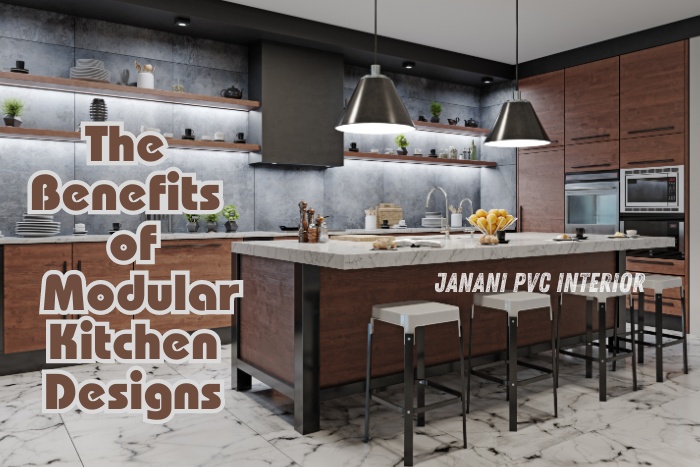 Modern Modular Kitchen by Janani PVC Interior Design in Bengaluru. Elegant kitchen setup featuring stylish PVC cabinets and an island, highlighting the benefits of modular kitchen designs