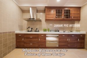 Modern PVC modular kitchen designed by Janani PVC Interior Design in Bengaluru. Featuring wood-textured cabinetry, stainless steel appliances, and a contemporary layout, highlighting the future of home design with durable and stylish PVC materials for a functional and elegant kitchen space