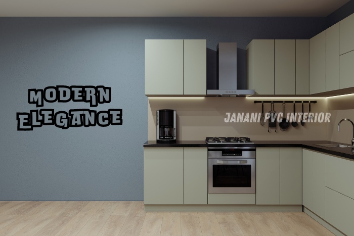 Modern and elegant PVC modular kitchen designed by Janani PVC Interior Design in Bengaluru. Featuring sleek cabinetry with integrated appliances, showcasing the contemporary and stylish design options available with PVC materials for a functional and beautiful kitchen space.