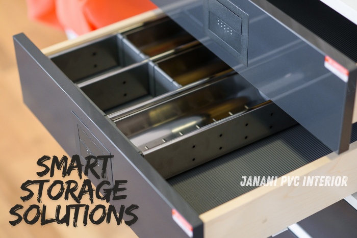 Smart Storage Solutions by Janani PVC Interior Design in Bengaluru. Close-up of an open drawer with organized compartments, showcasing innovative and efficient PVC storage designs for your home