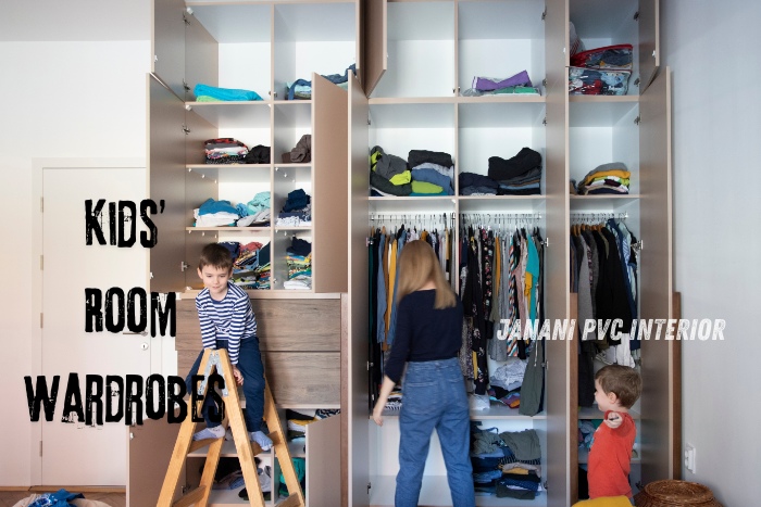 Custom PVC wardrobes for kids' rooms by Janani PVC Interior Design in Bengaluru. This image showcases spacious and organized storage solutions designed to keep children's clothes and toys neatly arranged, perfect for modern families