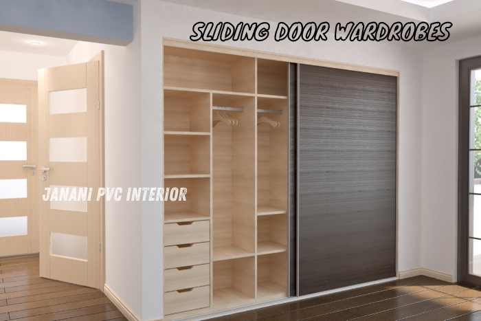 Efficient and stylish sliding door PVC wardrobes from Janani PVC Interior Design in Bengaluru. This image highlights a modern wardrobe solution with sleek sliding doors, perfect for maximizing space in contemporary homes