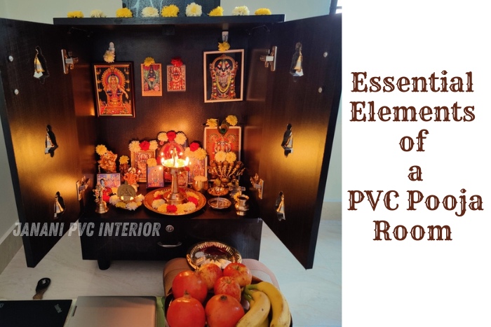 Beautiful PVC pooja room designed by Janani PVC Interior Design in Bengaluru. Features essential elements like idols, lamps, and sacred images, perfect for creating a serene and spiritual space in your home.