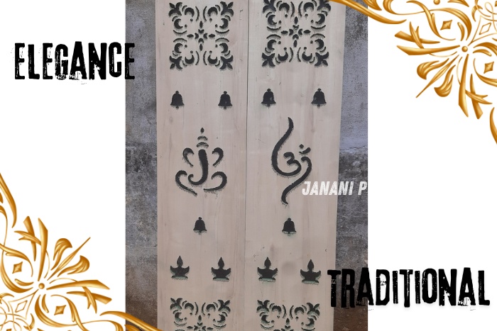 Elegantly crafted traditional PVC pooja room doors featuring intricate designs with religious symbols, enhancing the spiritual ambiance of your home. Created by Janani PVC Interior Design in Bengaluru, these doors combine cultural heritage with modern craftsmanship.