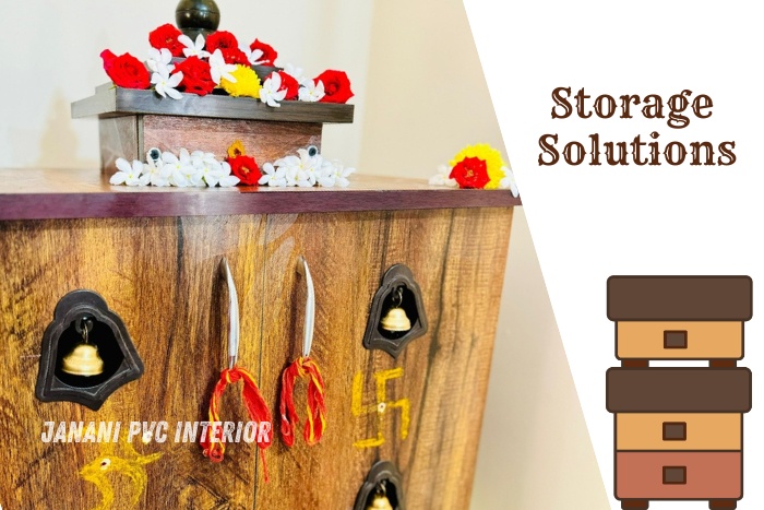 PVC pooja room cabinet with decorative bells and religious symbols, offering smart storage solutions for your sacred items. Designed by Janani PVC Interior Design in Bengaluru, this cabinet combines functionality with spiritual elegance