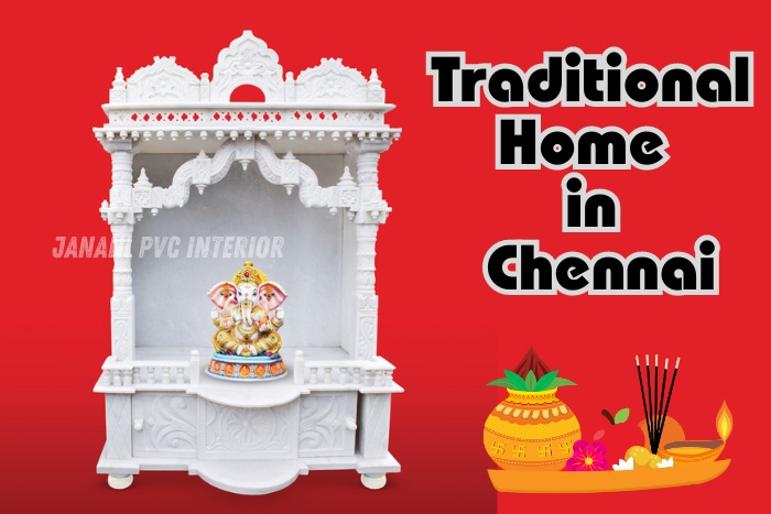 Intricately designed white PVC pooja mandir showcasing a traditional Ganesh idol, perfect for a traditional home in Chennai. Created by Janani PVC Interior Design, this mandir embodies elegance and spirituality, ideal for enhancing the sacred ambiance of your living space