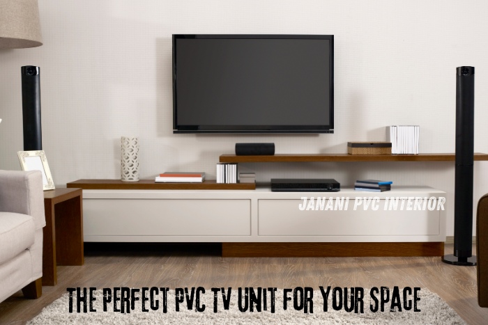 Sleek and modern PVC TV unit designed by Janani PVC Interior Design in Bengaluru, perfectly complementing your living space with functional and stylish storage