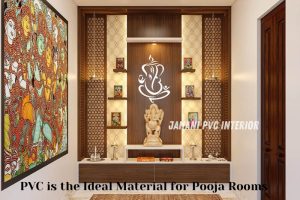 Elegant PVC pooja room designed by Janani PVC Interior Design in Bengaluru, featuring a divine setup with durable, easy-to-maintain materials perfect for sacred spaces