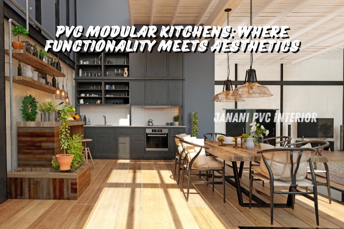 Spacious PVC modular kitchen design by Janani PVC Interior Design in Bengaluru, combining functionality and aesthetics with modern open shelving, sleek cabinetry, and elegant dining area for stylish urban living