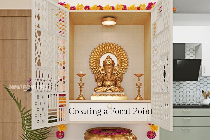 Elegant Bengaluru home featuring a beautifully crafted PVC pooja niche by Janani PVC Interior Design, adorned with a golden Ganesha statue and decorative floral garlands, creating a serene focal point in a modern space