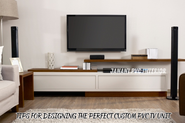 Modern and minimalist custom PVC TV unit designed by Janani PVC Interior in Bengaluru, showcasing a clean and functional design ideal for contemporary living spaces, enhancing both style and practicality