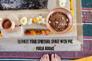 Intimate and serene prayer setup by Janani PVC Interior in Bengaluru, featuring traditional offerings like flowers, copper pot, and herbal mixture on a stone altar, perfect for elevating your spiritual space with custom PVC pooja rooms.