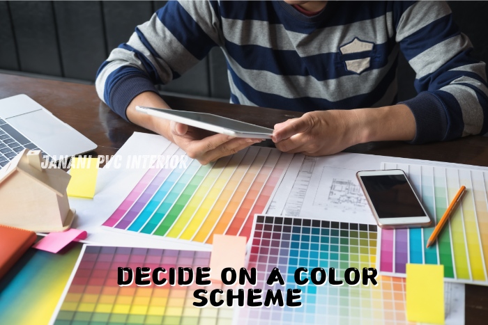 "Professional interior designer from Janani PVC Interior in Bengaluru choosing a color scheme with a wide array of samples, ensuring tailored aesthetic choices for custom PVC interior solution