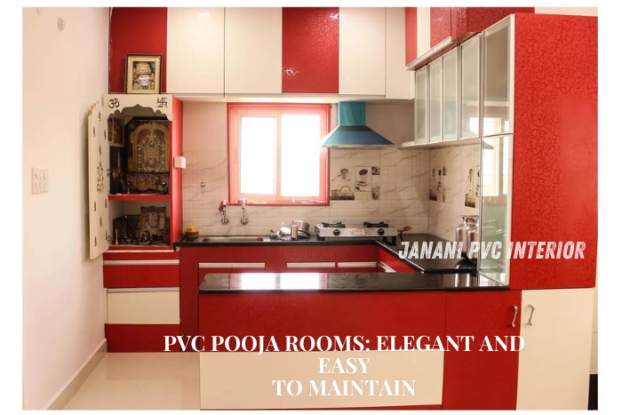 Stylish Bengaluru kitchen with red and white color scheme featuring a custom PVC pooja room by Janani PVC Interior Design, highlighting modern and maintenance-friendly interior solutions