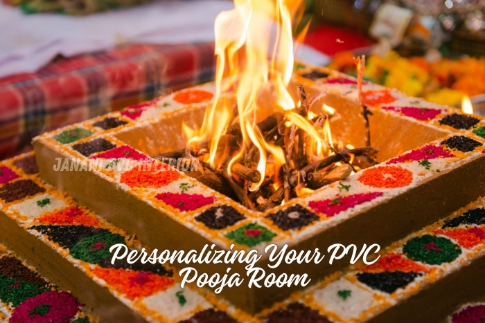 Vibrant fire ritual in a personalized PVC pooja room designed by Janani PVC Interior in Bengaluru, featuring colorful rangoli and traditional elements, reflecting the custom and spiritual ambiance tailored by expert interior solutions