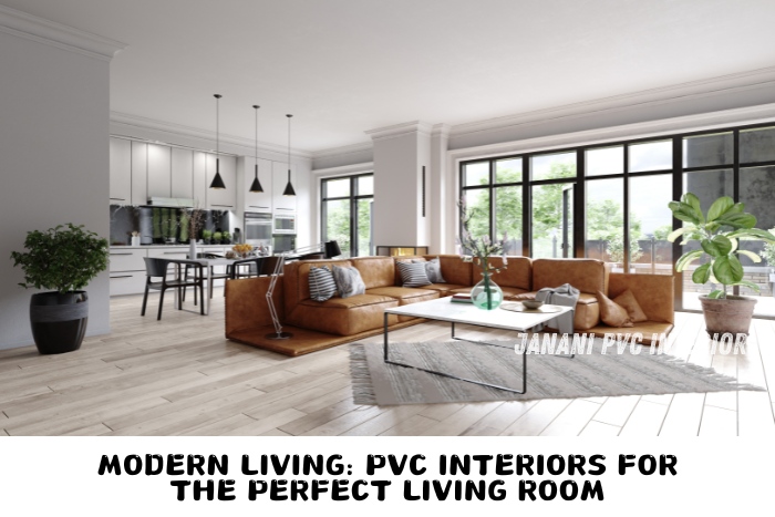 Spacious and modern living room in Bengaluru designed by Janani PVC Interior, featuring a luxurious brown leather sofa, sleek PVC kitchen in the background, and large windows that fill the space with natural light, embodying the perfect blend of modern living with PVC interiors